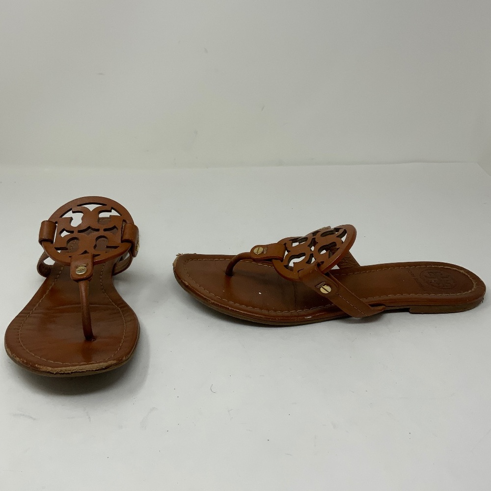 Tory Burch Miller Genuine Leather Logo Emblem Flat Flip On Sandals Shoes Brown 8